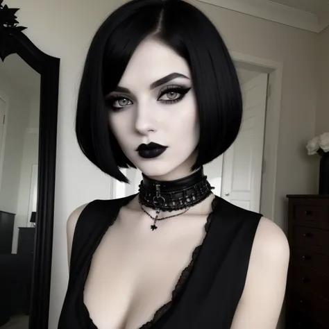 arafed woman with black lipstick and a choke and choke necklace, pale goth beauty, 1 7 - year - old goth girl, goth girl, very beautiful goth top model, pale skin and dark eyes, wearing goth makeup, wearing black choker, wonderful dark hair, dark hair and ...