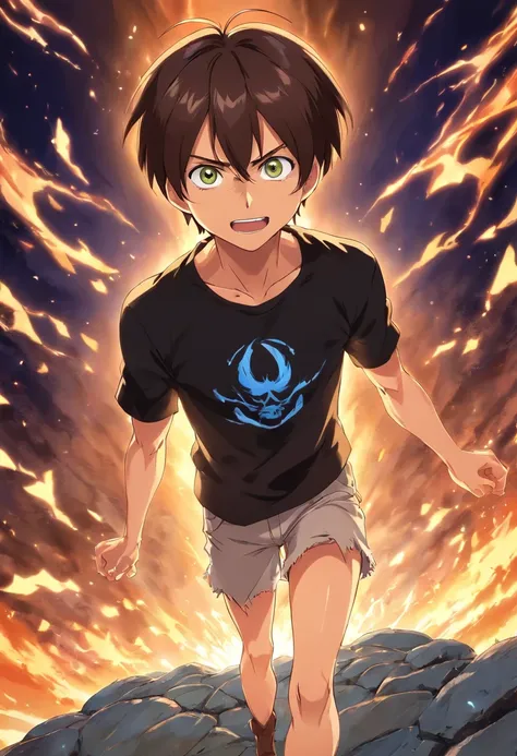 a mature eren yeager wearing an anime ripped shirt,ripped black shirt,glowing cheering background of eren anime world