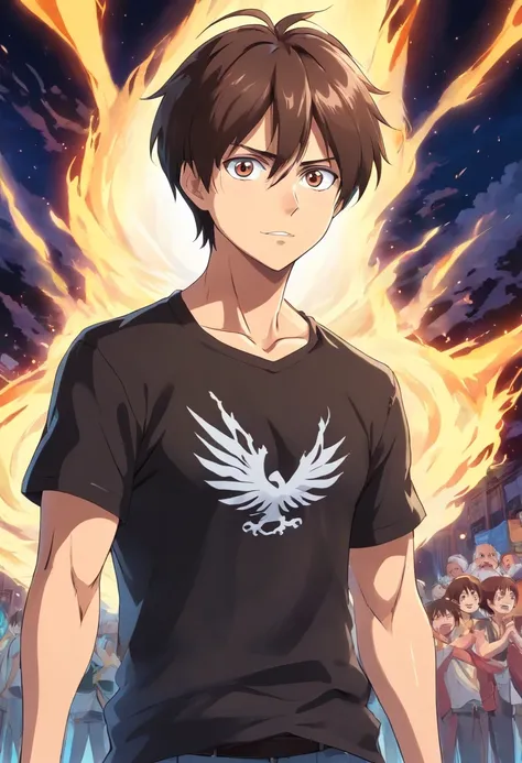 a mature eren yeager wearing an anime ripped shirt,ripped black shirt,glowing cheering background of eren anime world