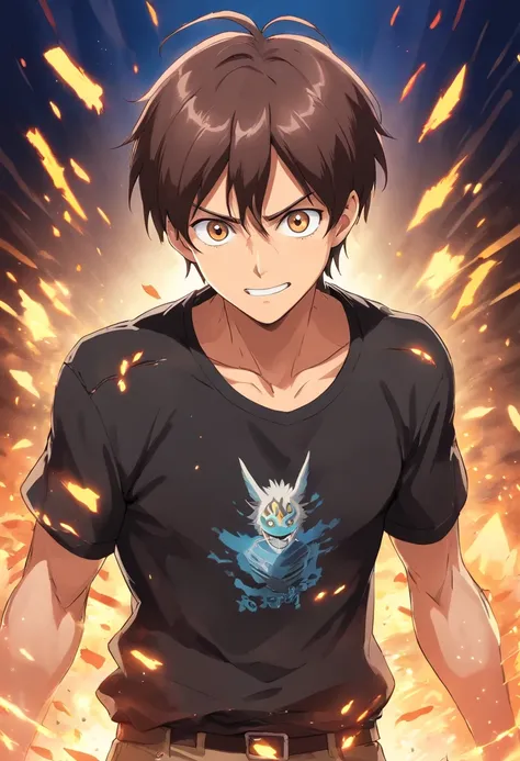 a mature eren yeager wearing an anime ripped shirt,ripped black shirt,glowing cheering background of eren anime world