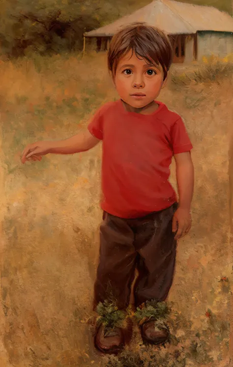 There is a painting of a small child standing in the grass, in a oil painting style, little kid, pintura digital", peruvian boy looking, Digital oil on canvas, digital mixed media painting, Retrato de cuerpo completo, Pintura digtial, joven, oil digital pa...