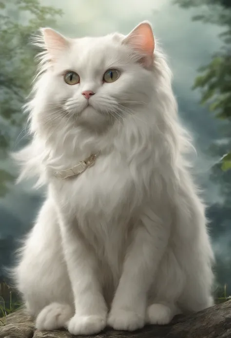 There is a white cat sitting on the grass looking up at the sky, white hairs, Branco ( Gato ) garota, albino mystic, an afghan male type, Gato Branco, gato persa, young handsome pale roma, cat female with a whit and chest, uma pintura de prata branca, awes...