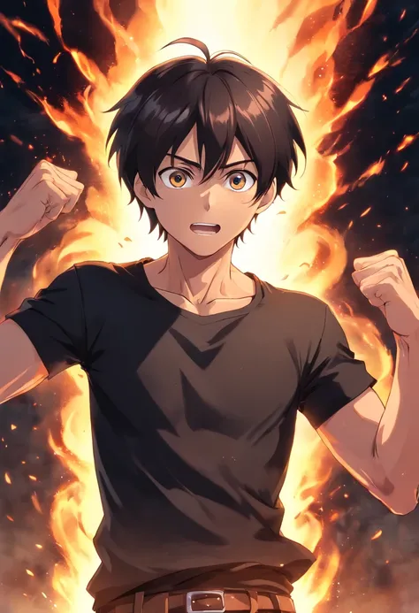 a mature eren yeager wearing an ripped shirt,ripped black shirt,glowing cheering background of eren anime world