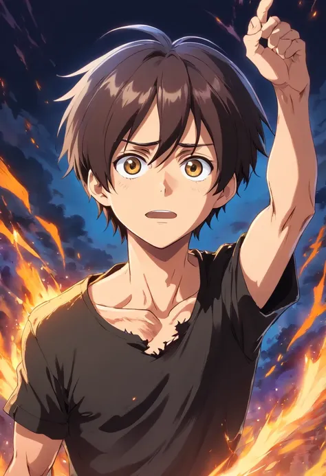 a mature eren yeager wearing an ripped shirt,ripped black shirt,glowing cheering background of eren anime world