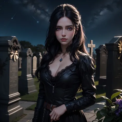 Beautiful woman reminiscent of Yennefer from The Witcher with long black hair and violet eyes bright as constellations, obra prima, ultra qualidade, 8k, cabelos caindo sobre seus ombros, in the background a cemetery