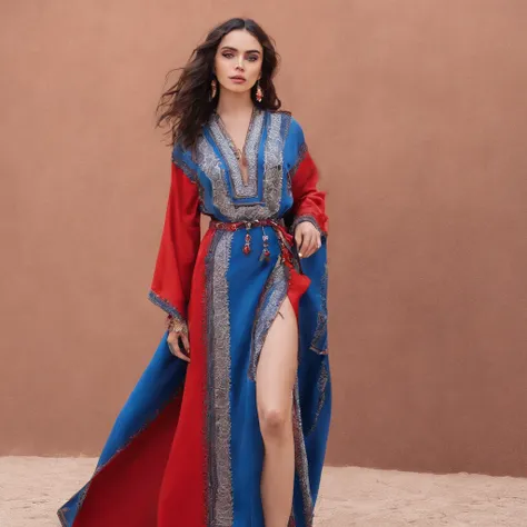 Girl with symbolic clothes Moroccan caftan full body outfit red and blue 。...com (Barbed wire of the body) Cheveux bruns couleur，Pointes de cheveux gris