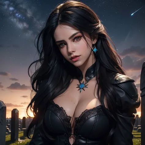 Mulher bonita que lembra《O Bruxo》Yennefer em ，Long black hair and violet eyes as bright as constellations, tmasterpiece, hiper qualidade, 8k, Her hair fell over her shoulders, The background is a cemetery, Ela usava terno preto e gravata.....