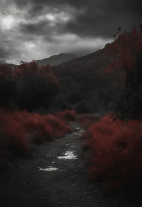 Post-apocalyptic war, tonos de color blanco, negro, Red and rust colors, sobrevivientes, vegetation, sombras, gloomy atmosphere, oscuridad, ((noche))