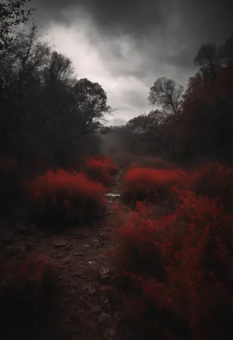 Post-apocalyptic war, tonos de color blanco, negro, Red and rust colors, sobrevivientes, vegetation, sombras, gloomy atmosphere, oscuridad, ((noche))