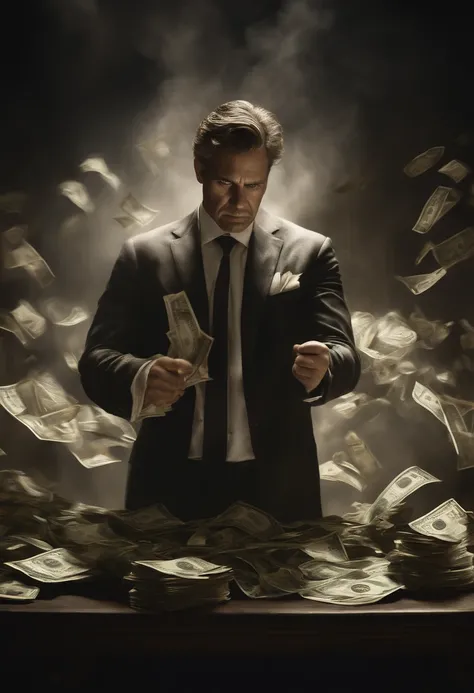 a man fighting against money, oil painting, harsh brushstrokes, dramatic lighting, intense expression, determined eyes, clenched fists, sweat dripping down his face, wrinkled suit, broken chains, crumbling dollar bills, crumbling stock market graph, smoke ...