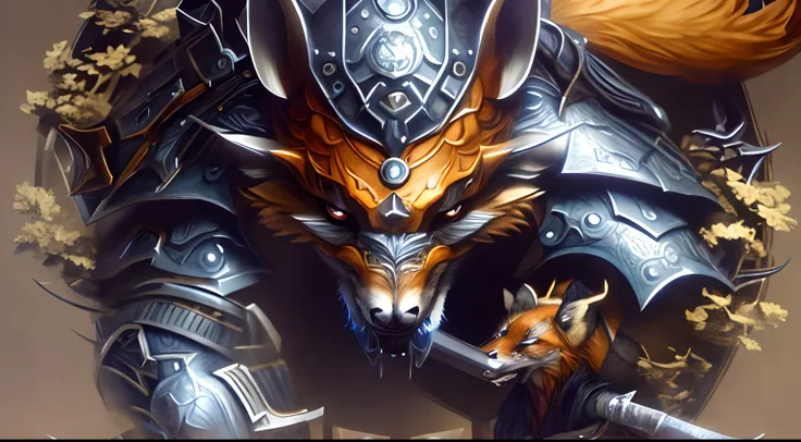 a close up of a fox with a sword and a shield, detailed digital 2d fantasy art, epic fantasy digital art style, fenrir, 4k detailed art, striking detailed artstyle, detailed fantasy digital art, 8k high quality detailed art, 4k detailed digital art, detail...