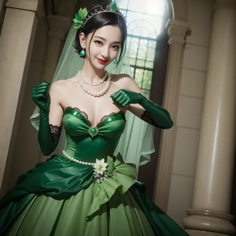 Boyish very short black hair, lipsticks, Japan woman smiling, Long green gloves made of satin material, emerald tiara, Pearl Necklace, verd s eyes, Green eyes