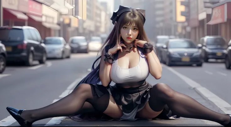 In public live broadcast，Girl posing with black stockings on city street, Masturbation，curves, Seductive girl, ecchi style, (sfv) safe to work, The girl crouched, Marin Kitagawa fanart, oppai, gapmoe yandere, Surrealism female students