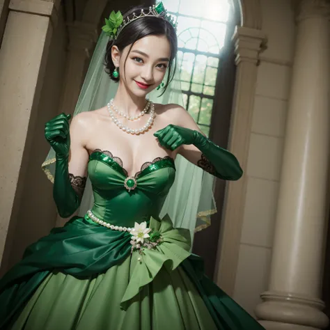 Boyish very short black hair, lipsticks, Japan woman smiling, Long green gloves made of satin material, emerald tiara, Pearl Necklace, verd s eyes, Green eyes