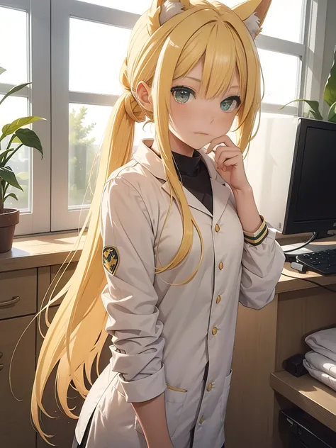 a girl, blond hair, green eyes, Long hair tied in a ponytail., Yellow Cat Ear Girl, Im looking for a dawn horse., Stressful girl, Age 18, Become a dentist, Wearing a doctors uniform.