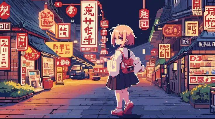 ((masutepiece, Highest Quality, pixels, Pixel art)), Highly detailed, 1girl in, Woman turning around in Chinatown