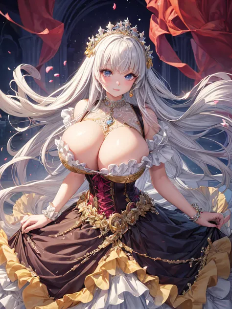 (masterpiece, best quality,extremely detailed:1.1),(moe anime art style:1.2),1girl,((full body)),((solo)), cute, kawaii,digital art,((1 bling-bling anime princess wearing beautiful embroidery and jeweled ruffled gorgeous princess ballgown with voluminous f...