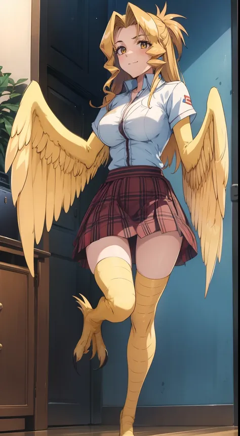 1woman,solo,40s,happy face,shirt, skirt,medium tits, blonde hair,long hair,yellow eyes,harpy, blonde wings,claws,standing in the...