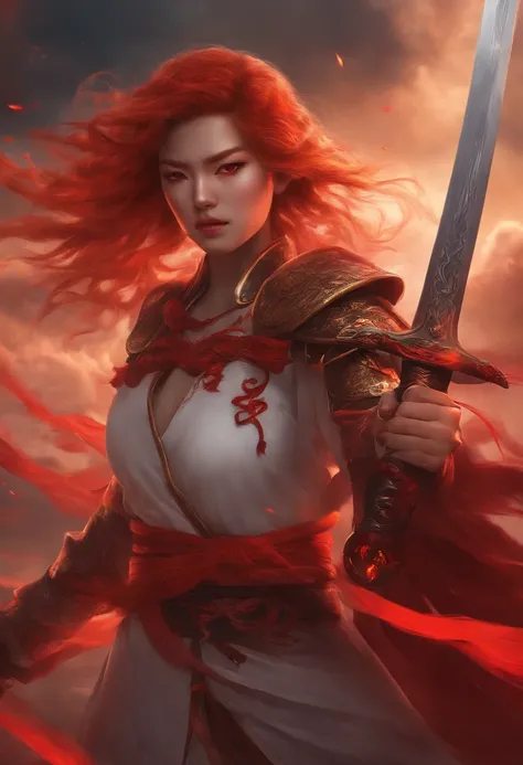 1girl, blood on face, angry, red eyes, red hairs, holding sword, (flying), chinese mythology,cloudy, detailed sky, abstract background, (flame_surge_style:0.5)