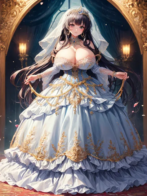 (masterpiece, best quality,extremely detailed:1.1),(moe anime art style:1.2),1girl,((full body)),((solo)), cute, kawaii,digital art,((1 bling-bling anime princess wearing beautiful embroidery and jeweled ruffled gorgeous princess ballgown with voluminous f...