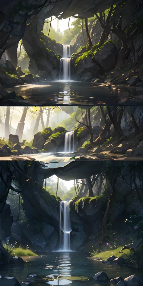 Chinese ancient times, spring, jungle, lake, cave, waterfall, tree, meadow, rock, deer, hot spring, water vapor, (illustration: 1.0), epic composition, realistic lighting, HD details, masterpiece, best quality, (very detailed CG unified 8k wallpaper)