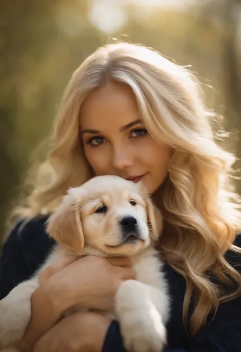 blonde, holding a golden retriever puppy