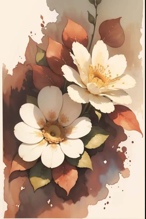 a painting of flowers on a white background with brown leaves, a watercolor painting by Alice Rahon, pinterest, baroque, brown flowers, watercolor painting, watercolor painting style, water color painting, detailed watercolor painting, water color, botanic...