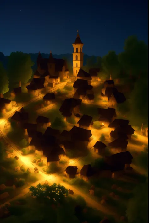 RPG, D&D, small village, rpg town, fantasy small village, dark image, middle of the night, medieval, (A large clock tower)