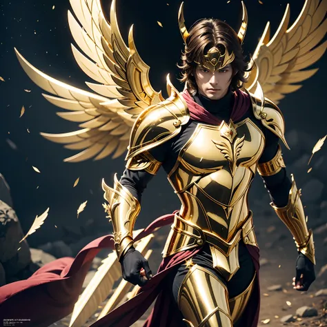 Ultra realistic man with brown hair wearing golden armor made of gleaming Sagittarius gold covering his entire body with long wings reaching to the knees made of gleaming gold with golden texture made of gold, Golden bow in right hand and golden arrow in l...