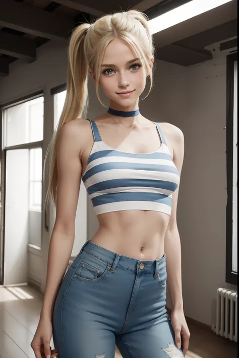 ((((American photo)))), a woman, a tight ((white)) crop top wearing stripes, blue very ((skinny)) jeans, some small broken thigh, blonde hair, beautiful, mischievous look, pigtail, long hair, standing, indoors, incipient smile, small chest, narrow hips