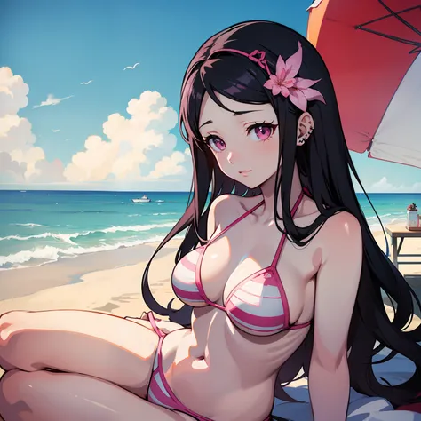 a woman in a bikini standing on a beach, an anime drawing, by Jin Homura, pixiv, shin hanga, with long hair and piercing eyes, ((pink)), astri lohne, vacation photo, fine details. anime, kaguya ōtsutsuki, d. va from overwatch, in a sea