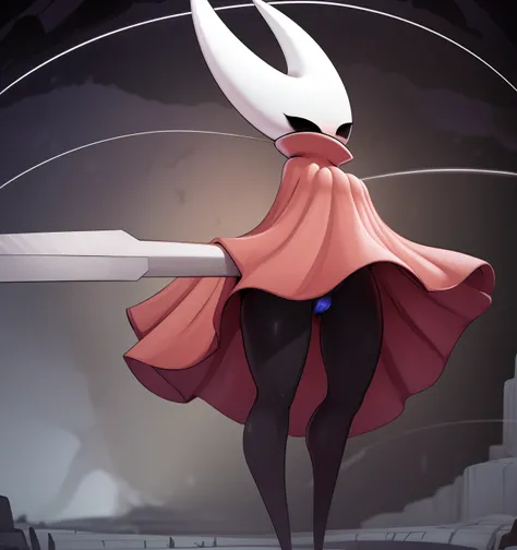 hornet, cute, chibi, no feet, furry female, anthro, needle weapon, thread, standing, solo, red cloak, (best quality), (detailed dark cave background:1.2), looking at viewer, holding weapon, flat colors, nsfw, flashing boobs, loli, panties, pussy wedgie