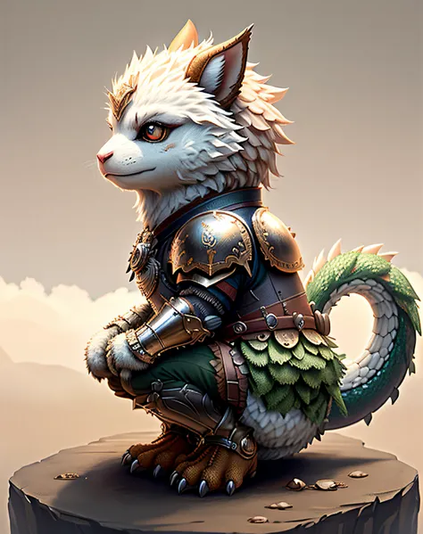 super cute fluffy dragon in armor, photorealistic, 8K, ultra detailed, vray rendering, unreal engine, midjourneyart style,