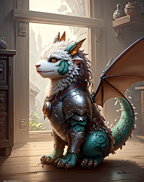 super cute fluffy dragon in armor, photorealistic, 8K, ultra detailed, vray rendering, unreal engine, midjourneyart style,