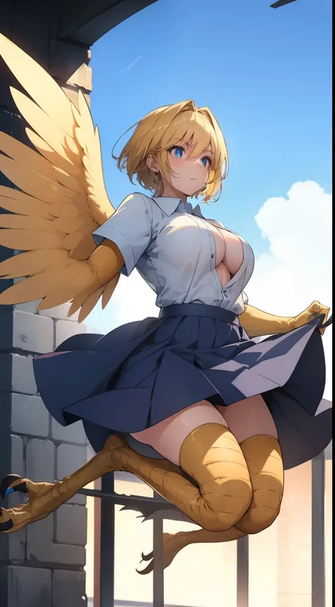 1girl,solo,20s,serious face,shirt, skirt,medium tits,light blonde hair,short hair,blue eyes,harpy, blonde wings,claws,flying in the sky, no arms