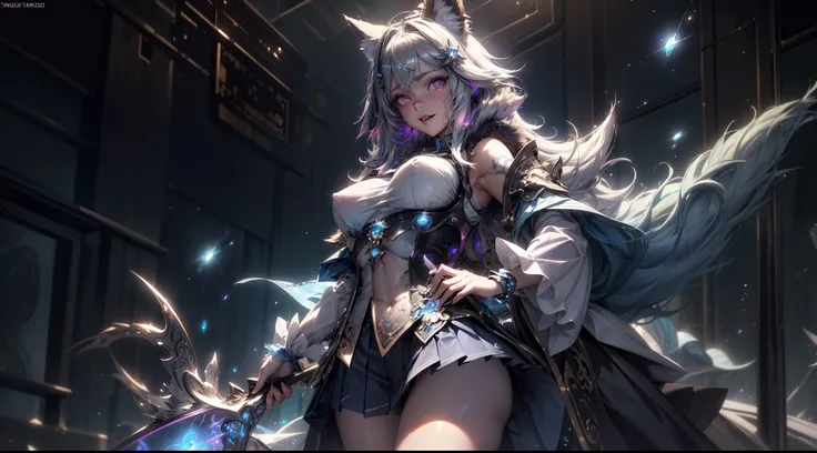 spiritual blue fire fluffy fox girl, (fluffy fox ears, fluffy fox tail), (spirit, spiritual:1.4), (blue fire:1.5), 1girl, perfect and well designed glowing shiny eyes, (beautiful detailed eyes:1.05), natural breasts, slim body, beautiful and delicate cute ...