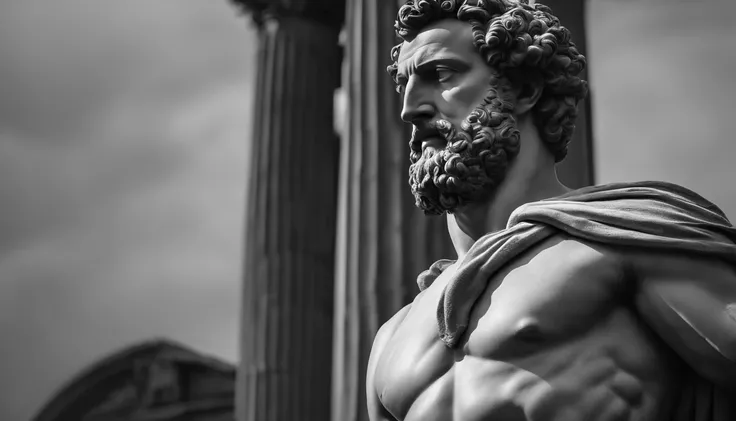 a full-length statue, forte,sem camisa, Marcus Aurelius muscle stoic in black and white 4K,Face de lado, papel de parede super realista