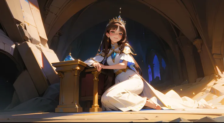 a queen，brunette color hair，whiteskirt，Noble，mature，Lazy，Stretch out，ssmile，sitting on an royal throne，The elbows are supported on the throne armrest，In the cave，Western fantasy，Fairytales，Works of masters，A high resolution，Exquisite facial features