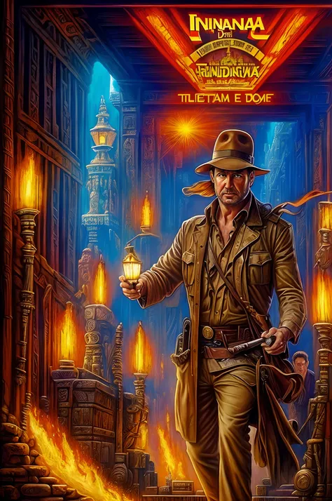 Colorful poster "Indiana Jones - Temple of Doom", ((Стиль Drew-Struzan)), ((A hyper-realistic)), Gradient by style, Complicated details, Intricate, aesthetics.
 Palette knife-oil painting, ((Best Quality, tmasterpiece)), (Extreme detailing), impressionism:...