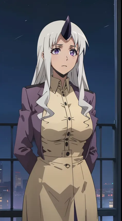 1woman,solo,40s,neutral face,teacher outfit,medium tits, white hair,long hair,purple eyes,horn,standing in the room,night