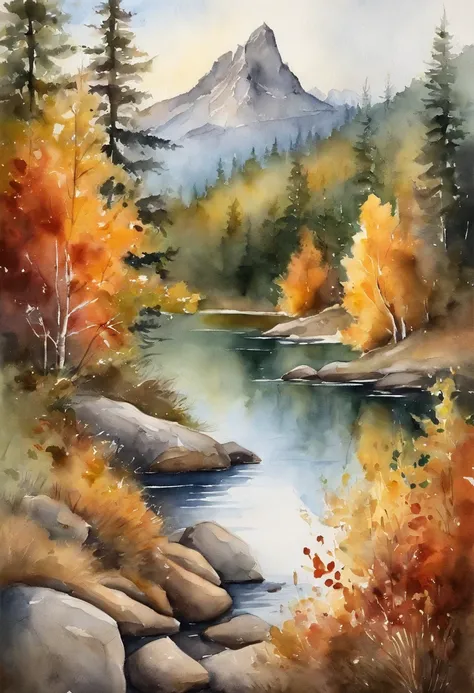 Forested Ural Mountains, Autumn landscape, Clean Mountain Lake, fluffy squirrel with cedar cone coarsely, watercolour