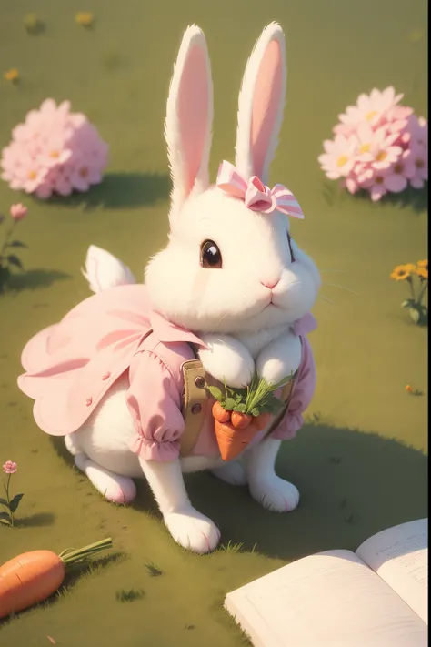 cartoon rabbit with a carrot and a bird in the grass, a storybook illustration inspired by Beatrix Potter, shutterstock contest winner, digital art, cute anthropomorphic bunny, the rabbit has pink fur, cute digital art, the bunny has pink fur, cute detaile...