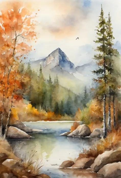 Forested Ural Mountains, Autumn landscape, Clean Mountain Lake, fluffy squirrel with cedar cone coarsely, watercolour