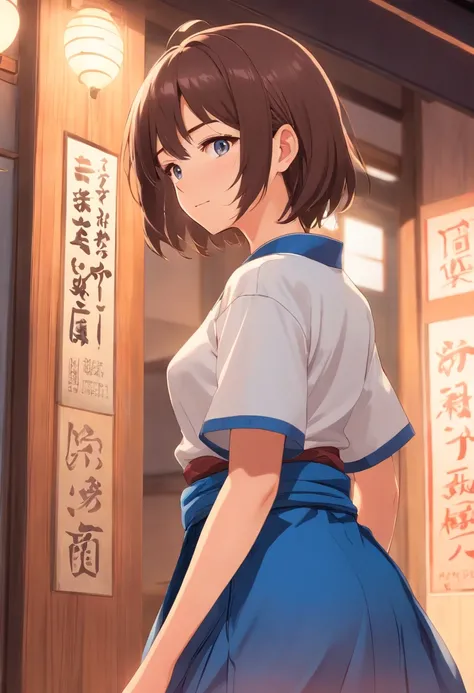 masterpiece, award wining, anime girl, wearing blue hakama skirt, short hair, brown hair, japanese clothes, hakama short skirt, mask on head, tasuki, blush, closed eyes,