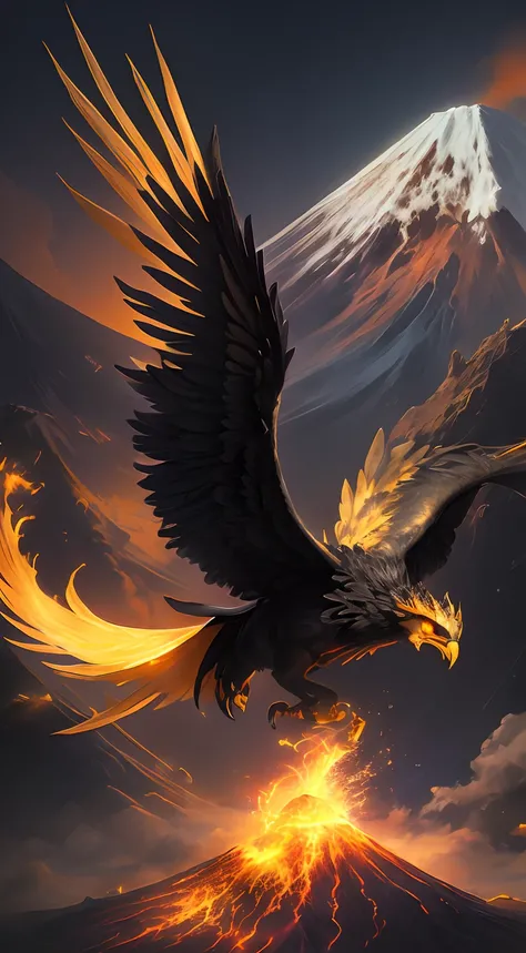 A black and gold phoenix flying over a volcano at night