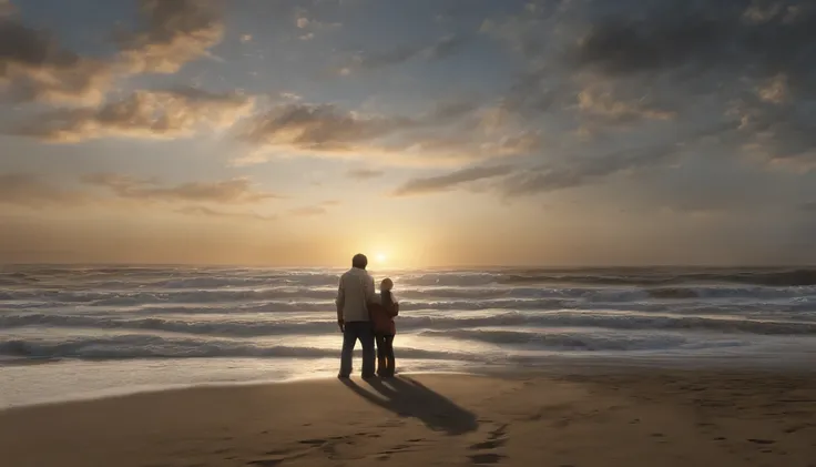 SENTIDO DO CINEMA，Beautiful night by the sea，Scene of people in silence, with hands joined in prayer，Ondas branco-prateadas batendo contra a praia，setting sun