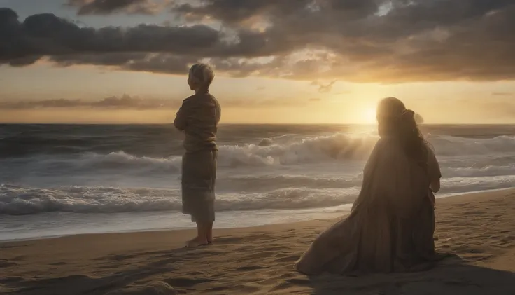 SENTIDO DO CINEMA，Beautiful night by the sea，Scene of people in silence, with hands joined in prayer，Ondas branco-prateadas batendo contra a praia，setting sun