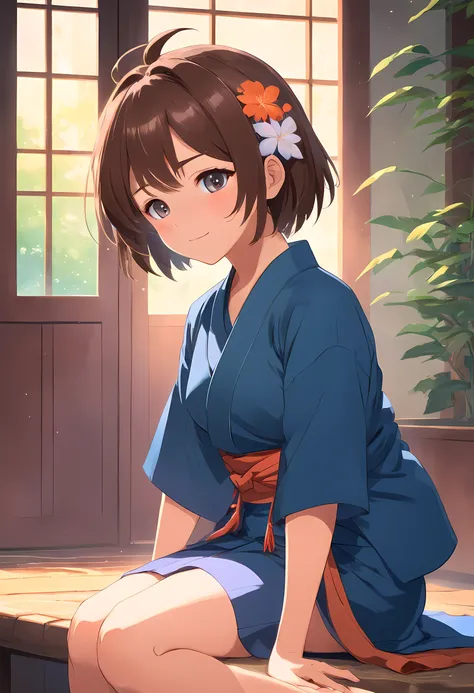 masterpiece, award wining, anime girl, wearing blue hakama skirt, short hair, brown hair, japanese clothes, hakama short skirt, mask on head, tasuki, blush, closed eyes,