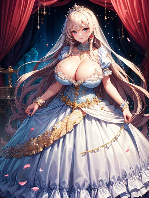 (masterpiece, best quality,extremely detailed:1.1),(moe anime art style:1.2),1girl,((full body)),((solo)), cute, kawaii,digital art,((1 bling-bling anime princess wearing beautiful embroidery and jeweled ruffled gorgeous princess ballgown with voluminous f...