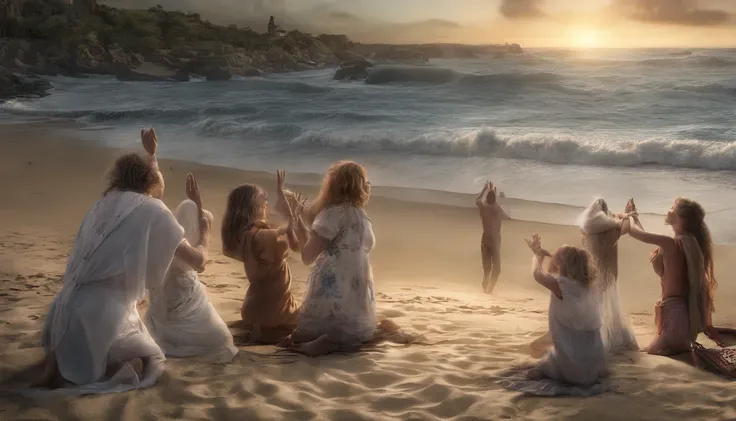 SENTIDO DO CINEMA，Beautiful night by the sea，Scene of people with their hands joined in prayer，Ondas branco-prateadas batendo contra a praia，setting sun